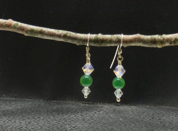 Green agate and crystal earrings on Sterling silver