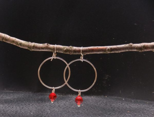 Red crystal on Sterling hoop earrings