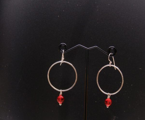 Red crystal on Sterling hoop earrings - Image 2