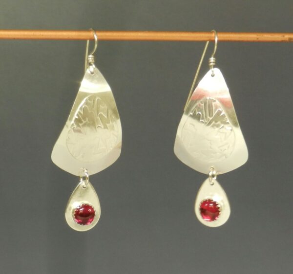 Sterling Silver Earrings with Jazz Textured Teardrops and Lab Ruby Cabochons