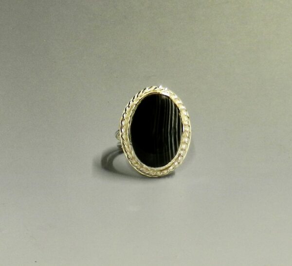 Black Lace Agate Ring in Fine Silver on Fancy Sterling Back Plate and Fancy  Three Strand Sterling Shank