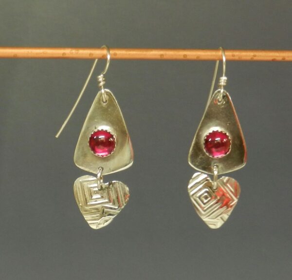 Sterling Earrings with Lab Ruby Cabochons and Square Textured Hearts